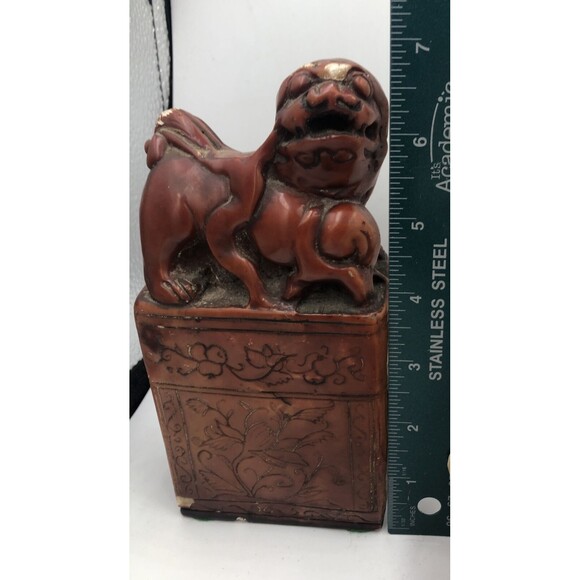 Vintage Chinese Soapstone Carved Foo Dog Library Bookend/ Brown Engraved Floral! - Picture 11 of 12